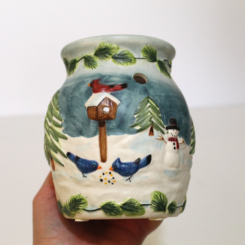 Wax Warmer Tealight Candle Holder Winter Snowman Birds Ceramic
